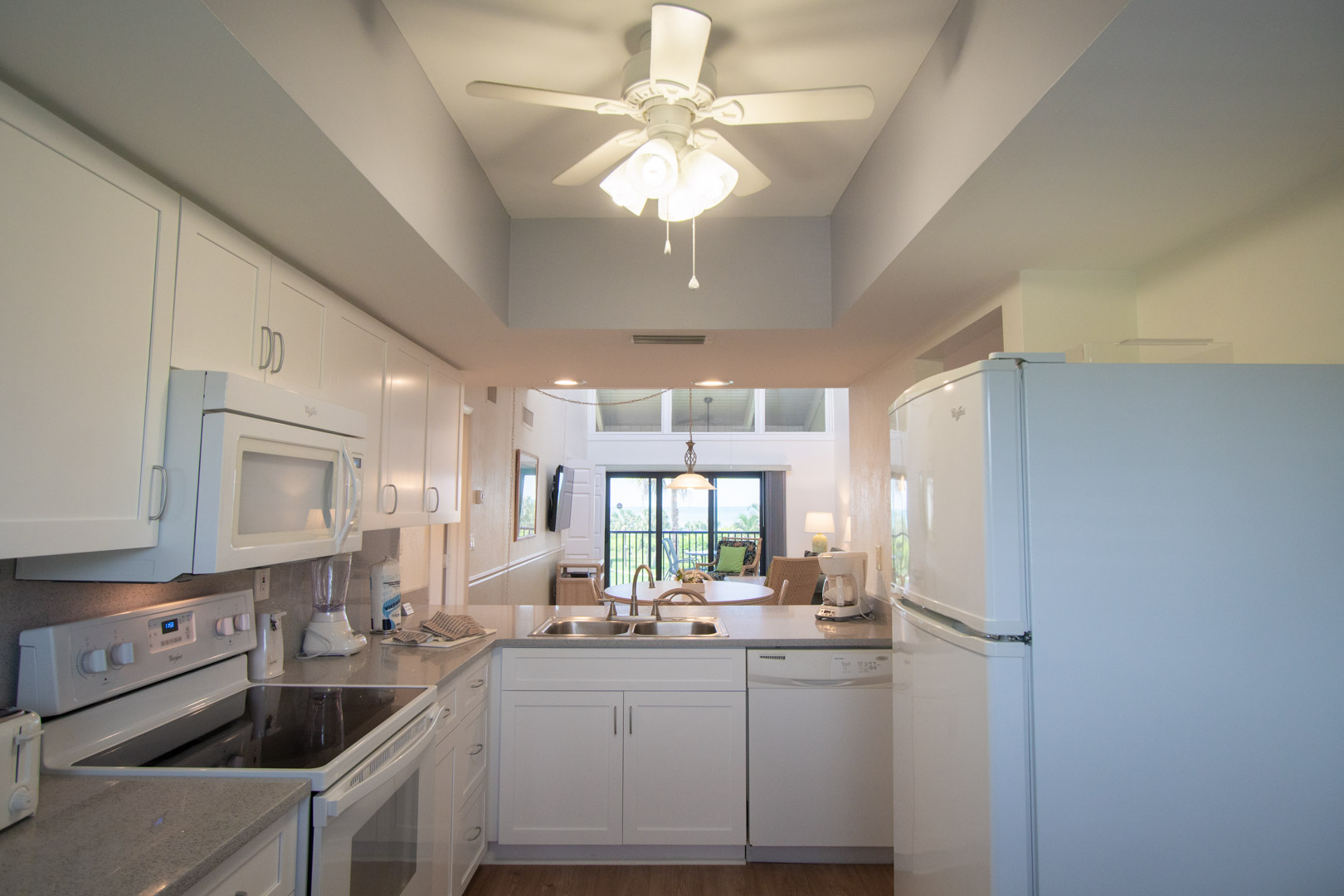 A renovated and fully equipped kitchen at VRI's Sanibel Beach Club in Sanibel Island, Florida.